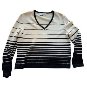 Vintage St. John Sport Sweater Ivory Black Striped V-Neck Knit Women’s Medium